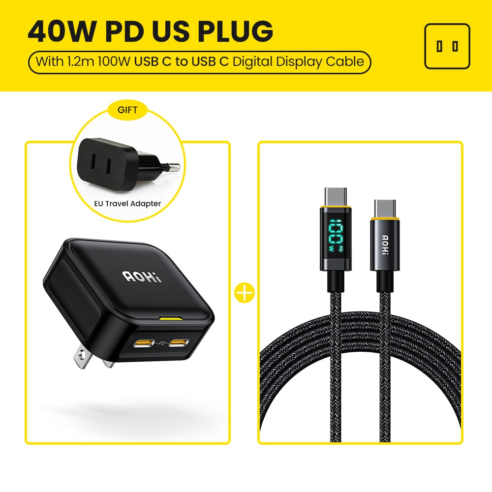Aohi 40W Fast Charging Foldable Charger for iPhone 14 13 Pro Max Mac