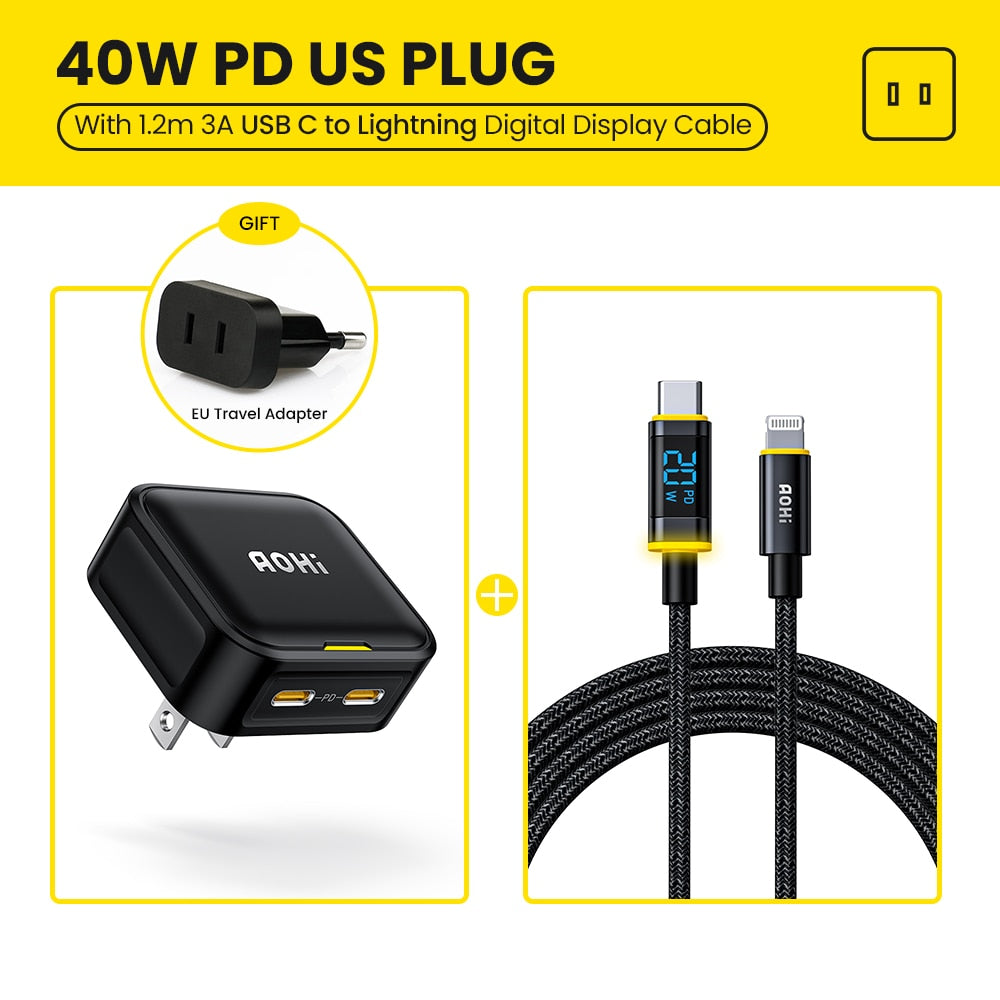 Aohi 40W Fast Charging Foldable Charger for iPhone 14 13 Pro Max Mac