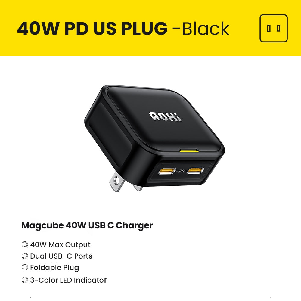 Aohi 40W Fast Charging Foldable Charger  for iPhone 14 13 Pro Max Mac