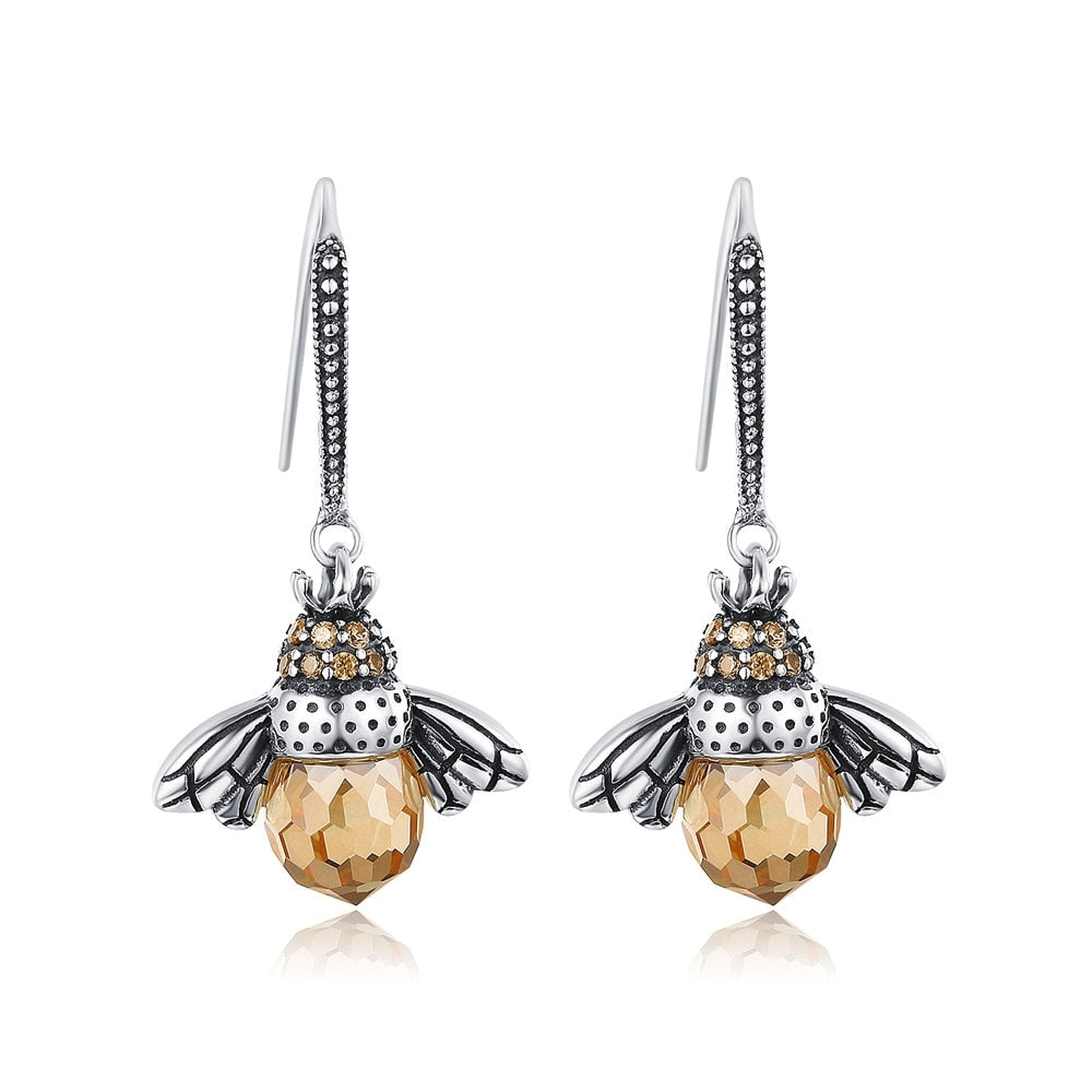 Silver Yellow Bee Drop Earrings for Women