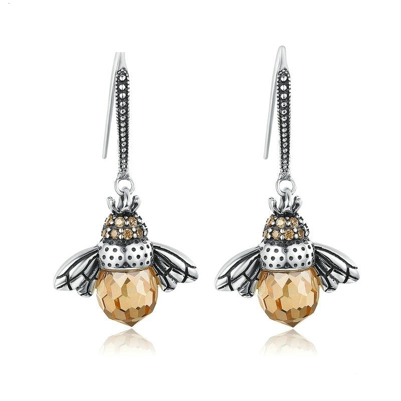 Silver Yellow Bee Drop Earrings for Women