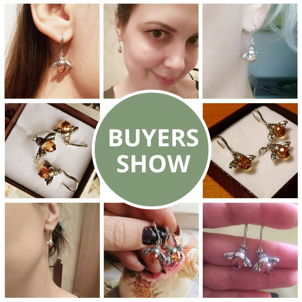 Silver Yellow Bee Drop Earrings for Women