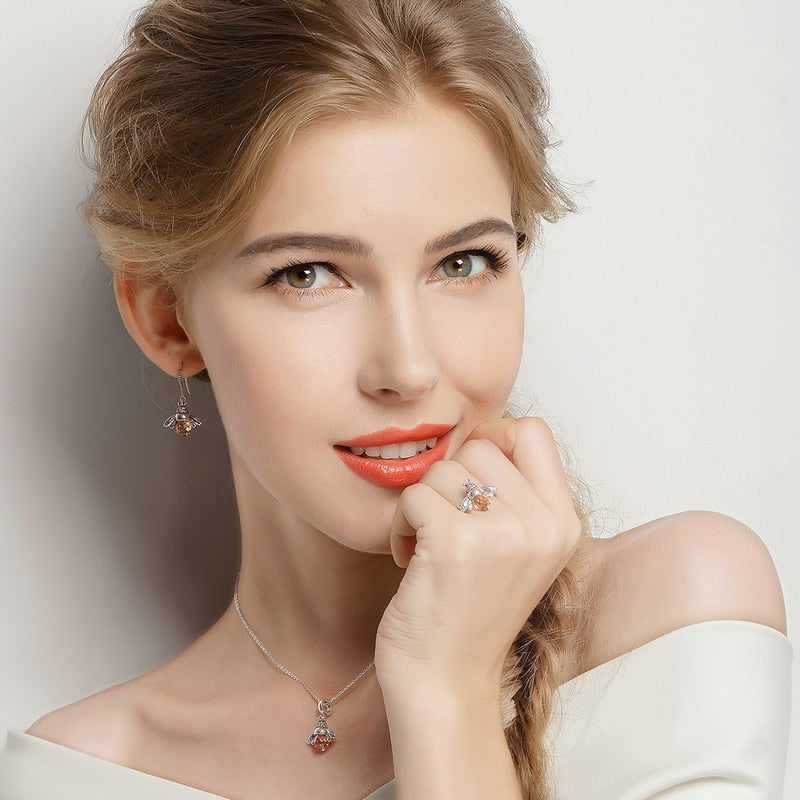 Silver Yellow Bee Drop Earrings for Women