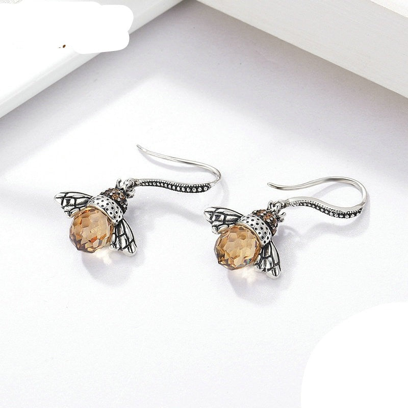 Silver Yellow Bee Drop Earrings for Women