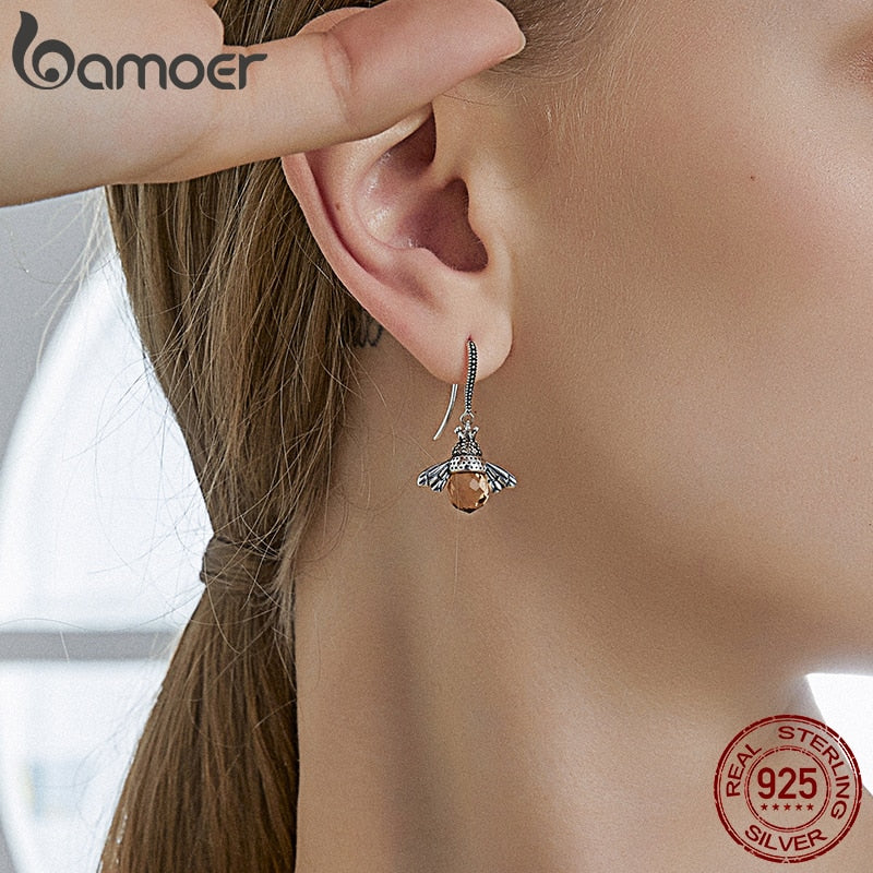 Silver Yellow Bee Drop Earrings for Women