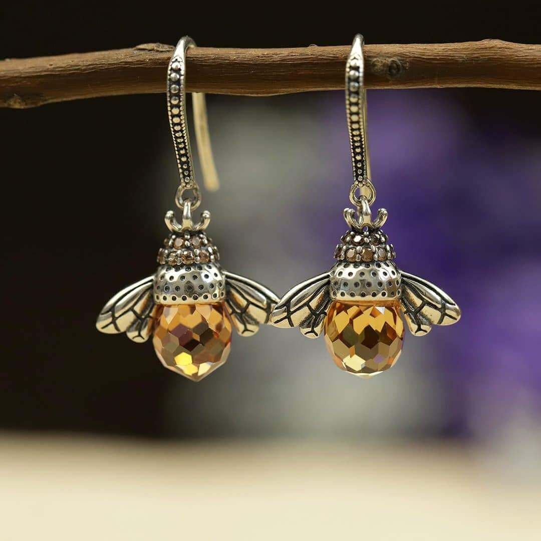 Silver Yellow Bee Drop Earrings for Women
